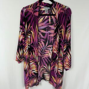 Catherines Women's Cardigan Top Size 2X Purple Leaf Print 3/4 Sleeves Knit